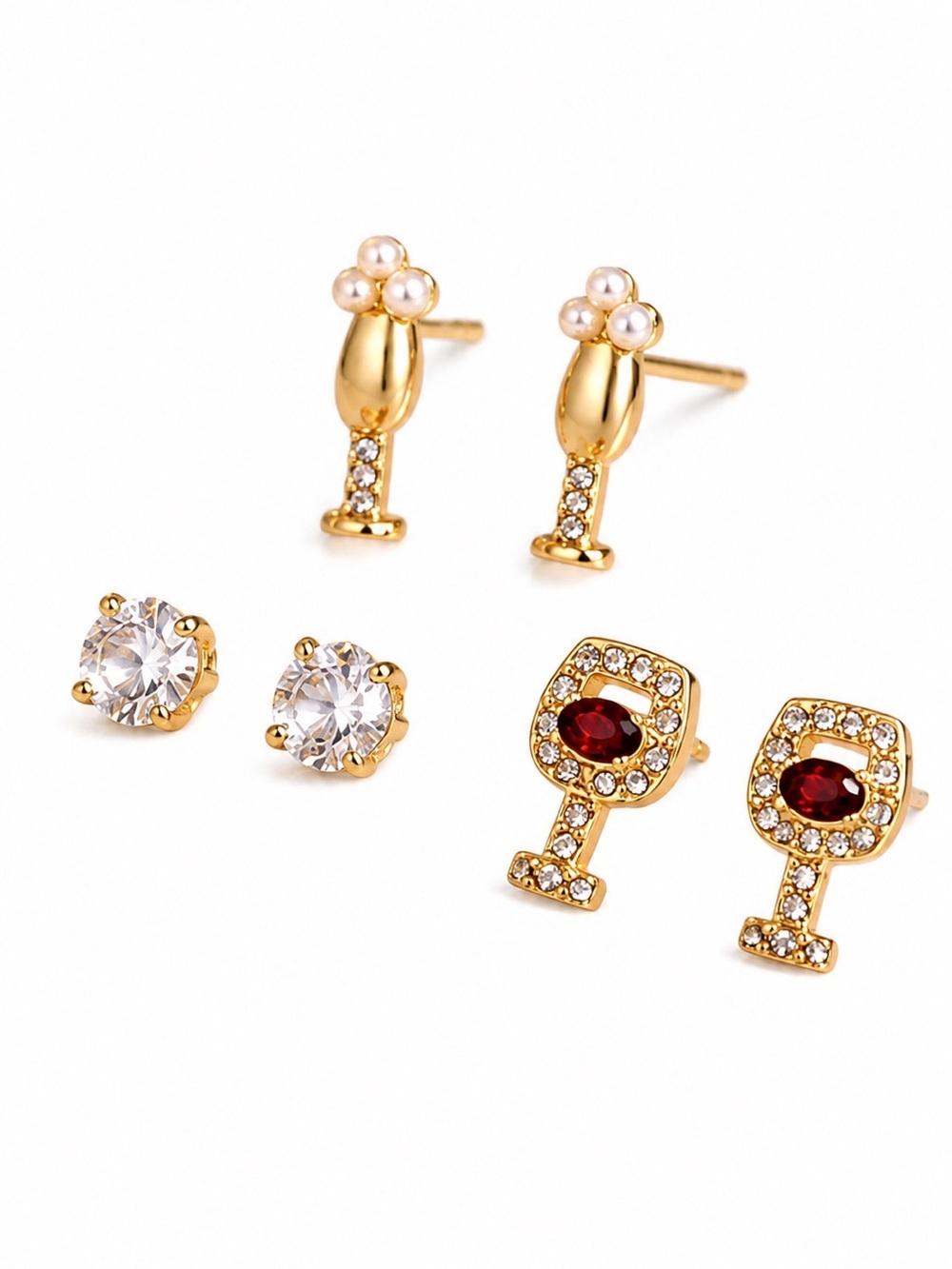 J. Crew Gold-Plated Earring Set with Red and Clear Stones 🍷✨